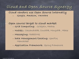 Cloud and Open Source Synergy
        • Cloud vendors use Open Source internally
                               –       Google, Amazon, VmWare


        • Open source target to cloud market
                               – Grid Computing: Gridgain, Hadoop
                               – NoSQL: CassandraDB, CouchDB, MongoDB , Hbase
                               – Messaging: RabbitMQ
                               – Data Management/Caching: GemFire,
                                  Memcached
                               – Application Framework: Spring Framework




Copyright 2010 Tikal Knowledge, Ltd.                 | 139 |
 