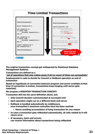 Time-Limited Transactions
Point of Consistency 1
BEGIN TRANSACTION X
RUN OPERATION X1
IF ERROR THEN
ROLLBACK TRANSACTION X
END IF
RUN OPERATION X2
IF ERROR THEN
ROLLBACK TRANSACTION X
END IF
COMMIT TRANSACTION X
END TRANSACTION X
Point of Consistency 2
Point of Consistency 1
operationHandle ohX;
ohX = MethodInvokeAllow(
ohSolutionLogin,
MethodName,
Cost, Duration
)
MethodInvokeParameterAdd(
ohX, Parm1, … ParmN)
CallbackInvoke(ohX, OperationX1)
CallbackInvoke(ohX, OperationX2)
MethodInvokeCommit(ohX);
Point of Consistency 2
TimeLine
Cloud front-end
never rollbacks
 