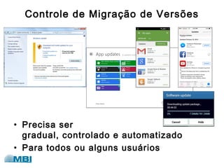 Controle de Migração de Versões
• Precisa ser
gradual, controlado e automatizado
• Para todos ou alguns usuários
 