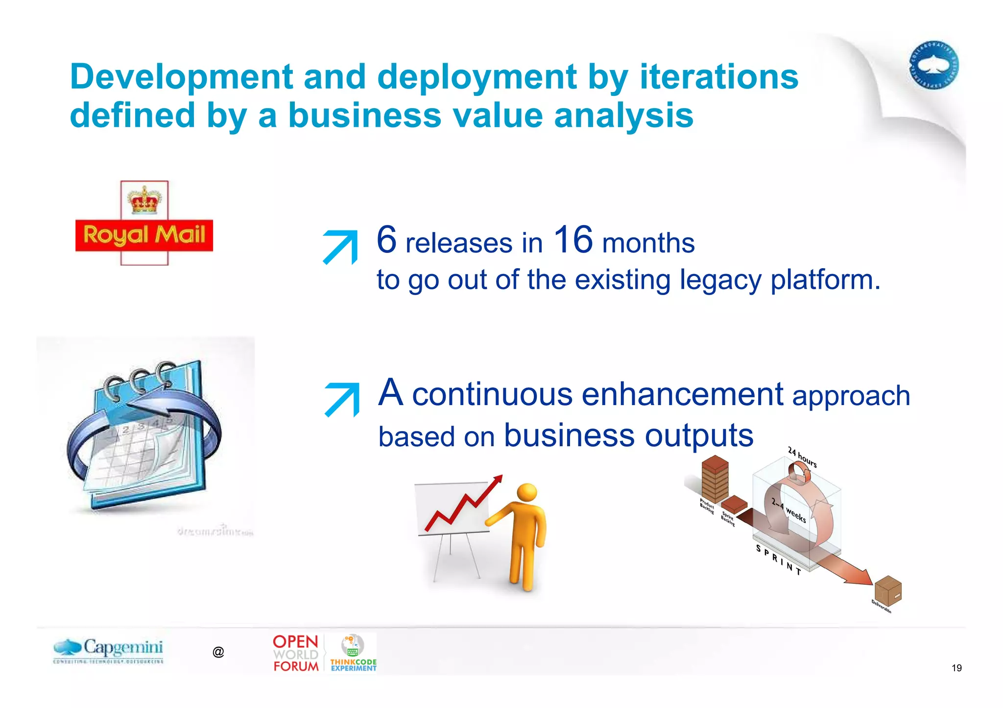 Development and deployment by iterations
defined by a business value analysis


                6 releases in 16 months
                to go out of the existing legacy platform.



                A continuous enhancement approach
                based on business outputs




       @
                                                             19
 