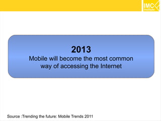 2013
Mobile will become the most common
way of accessing the Internet

Source :Trending the future: Mobile Trends 2011

12

 