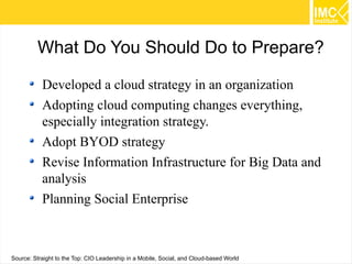 What Do You Should Do to Prepare?
Developed a cloud strategy in an organization
Adopting cloud computing changes everything,
especially integration strategy.
Adopt BYOD strategy
Revise Information Infrastructure for Big Data and
analysis
Planning Social Enterprise

62
Source: Straight to the Top: CIO Leadership in a Mobile, Social, and Cloud-based World

 