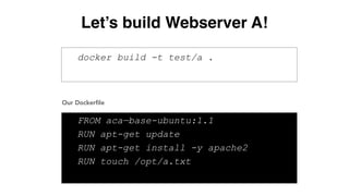 docker build -t test/a .
FROM aca—base-ubuntu:1.1
RUN apt-get update
RUN apt-get install -y apache2
RUN touch /opt/a.txt
Let’s build Webserver A!
Our Dockerﬁle
 