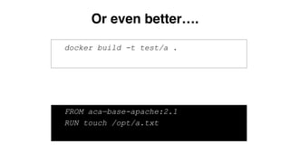 docker build -t test/a .
FROM aca—base-apache:2.1
RUN touch /opt/a.txt
Or even better….
 