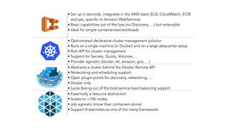 • Set up in seconds, integrates in the AWS stack (ELB, CloudWatch, ECR)
and yes, specific to Amazon WebServices
• Basic capabilities out of the box (no Discovery, …) but extensible
• Ideal for simple containerised workloads
• Opinionated declarative cluster management solution
• Runs on a single machine (in Docker) and on a large datacenter setup
• Rich API for cluster management
• Support for Secrets, Quota, Volumes, …
• Provider agnostic (docker, rkt, amazon, gce, …)
• Abstracts a cluster behind the Docker Remote API
• Networking and scheduling support
• Open plugin points for discovery, networking, …
• Docker only
• Lacks (being out of the box) service load balancing support
• Essentially a resource abstraction
• Scales to +10K nodes
• Job agnostic (more than containers alone)
• Support Kubernetes as one of the many frameworks
 