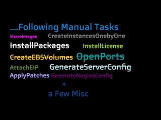 ….Following Manual Tasks
ShareImages   CreateInstancesOnebyOne
InstallPackages         InstallLicense
CreateEBSVolumes      OpenPorts
AttachEIP   GenerateServerConfig
ApplyPatches GenerateNagiosConfig
                  +
              a Few Misc
 