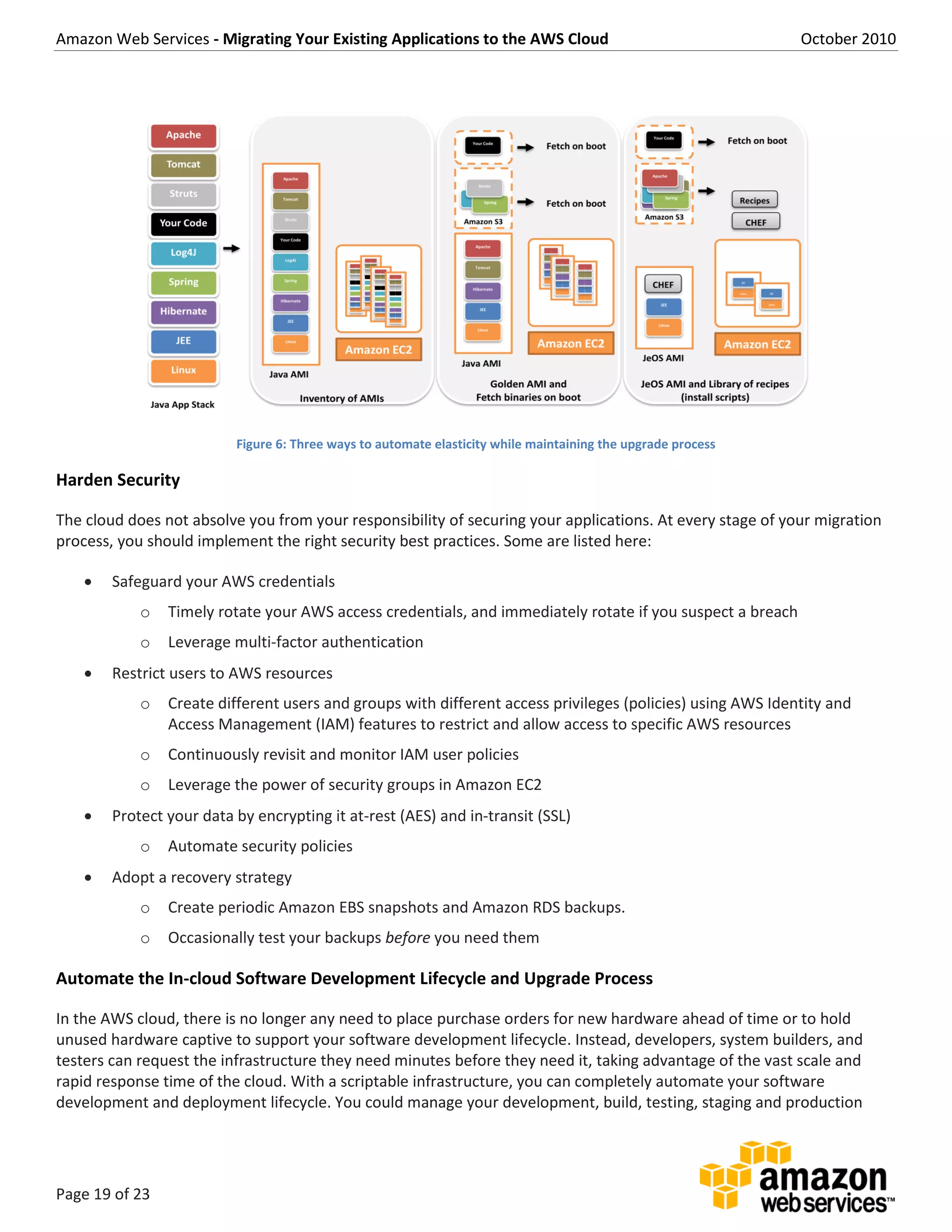 Amazon Web Services - Migrating Your Existing Applications to the AWS Cloud October 2010
Page 19 of 23
Figure 6: Three ways to automate elasticity while maintaining the upgrade process
Harden Security
The cloud does not absolve you from your responsibility of securing your applications. At every stage of your migration
process, you should implement the right security best practices. Some are listed here:
 Safeguard your AWS credentials
o Timely rotate your AWS access credentials, and immediately rotate if you suspect a breach
o Leverage multi-factor authentication
 Restrict users to AWS resources
o Create different users and groups with different access privileges (policies) using AWS Identity and
Access Management (IAM) features to restrict and allow access to specific AWS resources
o Continuously revisit and monitor IAM user policies
o Leverage the power of security groups in Amazon EC2
 Protect your data by encrypting it at-rest (AES) and in-transit (SSL)
o Automate security policies
 Adopt a recovery strategy
o Create periodic Amazon EBS snapshots and Amazon RDS backups.
o Occasionally test your backups before you need them
Automate the In-cloud Software Development Lifecycle and Upgrade Process
In the AWS cloud, there is no longer any need to place purchase orders for new hardware ahead of time or to hold
unused hardware captive to support your software development lifecycle. Instead, developers, system builders, and
testers can request the infrastructure they need minutes before they need it, taking advantage of the vast scale and
rapid response time of the cloud. With a scriptable infrastructure, you can completely automate your software
development and deployment lifecycle. You could manage your development, build, testing, staging and production
 