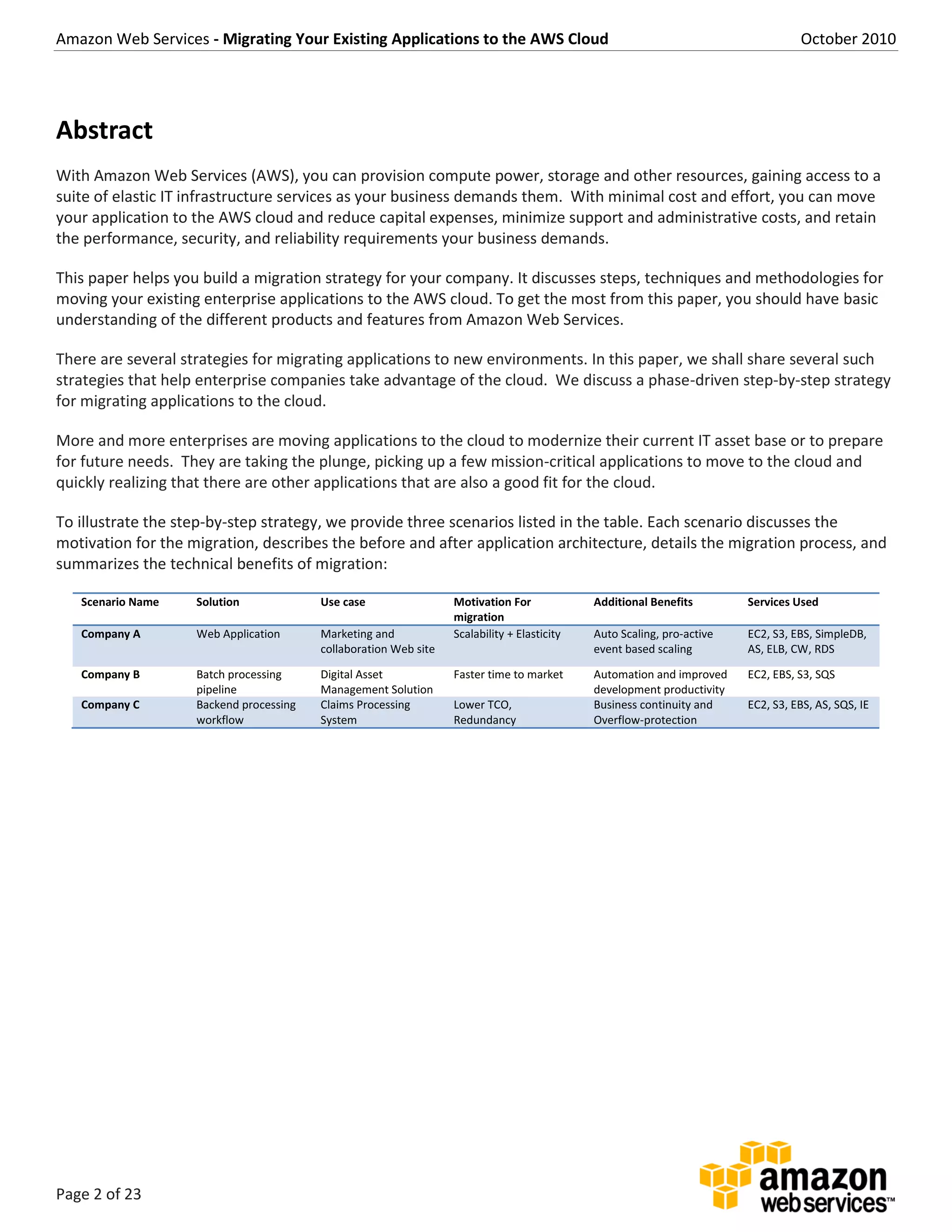 Amazon Web Services - Migrating Your Existing Applications to the AWS Cloud October 2010
Page 2 of 23
Abstract
With Amazon Web Services (AWS), you can provision compute power, storage and other resources, gaining access to a
suite of elastic IT infrastructure services as your business demands them. With minimal cost and effort, you can move
your application to the AWS cloud and reduce capital expenses, minimize support and administrative costs, and retain
the performance, security, and reliability requirements your business demands.
This paper helps you build a migration strategy for your company. It discusses steps, techniques and methodologies for
moving your existing enterprise applications to the AWS cloud. To get the most from this paper, you should have basic
understanding of the different products and features from Amazon Web Services.
There are several strategies for migrating applications to new environments. In this paper, we shall share several such
strategies that help enterprise companies take advantage of the cloud. We discuss a phase-driven step-by-step strategy
for migrating applications to the cloud.
More and more enterprises are moving applications to the cloud to modernize their current IT asset base or to prepare
for future needs. They are taking the plunge, picking up a few mission-critical applications to move to the cloud and
quickly realizing that there are other applications that are also a good fit for the cloud.
To illustrate the step-by-step strategy, we provide three scenarios listed in the table. Each scenario discusses the
motivation for the migration, describes the before and after application architecture, details the migration process, and
summarizes the technical benefits of migration:
Scenario Name Solution Use case Motivation For
migration
Additional Benefits Services Used
Company A Web Application Marketing and
collaboration Web site
Scalability + Elasticity Auto Scaling, pro-active
event based scaling
EC2, S3, EBS, SimpleDB,
AS, ELB, CW, RDS
Company B Batch processing
pipeline
Digital Asset
Management Solution
Faster time to market Automation and improved
development productivity
EC2, EBS, S3, SQS
Company C Backend processing
workflow
Claims Processing
System
Lower TCO,
Redundancy
Business continuity and
Overflow-protection
EC2, S3, EBS, AS, SQS, IE
 