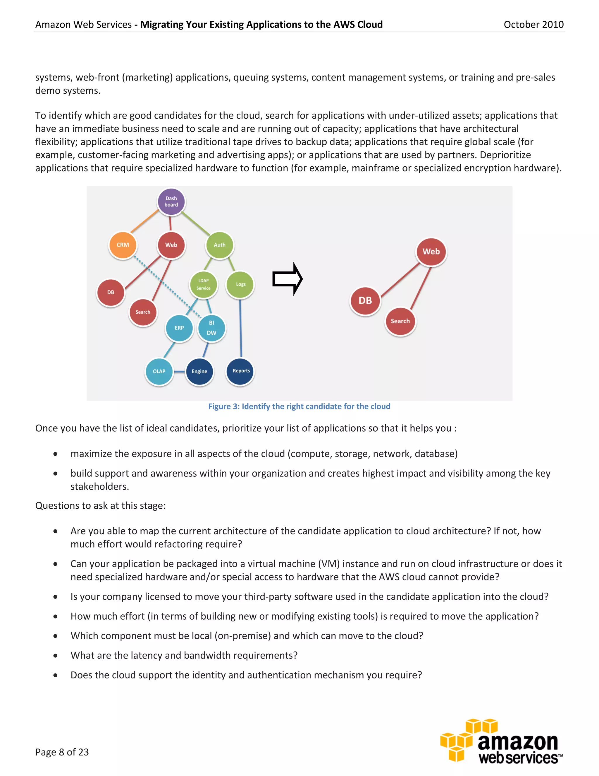 Amazon Web Services - Migrating Your Existing Applications to the AWS Cloud October 2010
Page 8 of 23
systems, web-front (marketing) applications, queuing systems, content management systems, or training and pre-sales
demo systems.
To identify which are good candidates for the cloud, search for applications with under-utilized assets; applications that
have an immediate business need to scale and are running out of capacity; applications that have architectural
flexibility; applications that utilize traditional tape drives to backup data; applications that require global scale (for
example, customer-facing marketing and advertising apps); or applications that are used by partners. Deprioritize
applications that require specialized hardware to function (for example, mainframe or specialized encryption hardware).
Figure 3: Identify the right candidate for the cloud
Once you have the list of ideal candidates, prioritize your list of applications so that it helps you :
 maximize the exposure in all aspects of the cloud (compute, storage, network, database)
 build support and awareness within your organization and creates highest impact and visibility among the key
stakeholders.
Questions to ask at this stage:
 Are you able to map the current architecture of the candidate application to cloud architecture? If not, how
much effort would refactoring require?
 Can your application be packaged into a virtual machine (VM) instance and run on cloud infrastructure or does it
need specialized hardware and/or special access to hardware that the AWS cloud cannot provide?
 Is your company licensed to move your third-party software used in the candidate application into the cloud?
 How much effort (in terms of building new or modifying existing tools) is required to move the application?
 Which component must be local (on-premise) and which can move to the cloud?
 What are the latency and bandwidth requirements?
 Does the cloud support the identity and authentication mechanism you require?
 