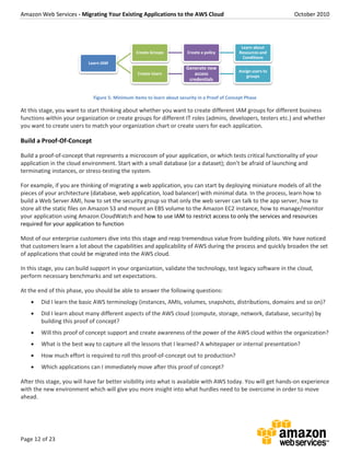 Amazon Web Services - Migrating Your Existing Applications to the AWS Cloud October 2010
Page 12 of 23
Figure 5: Minimum items to learn about security in a Proof of Concept Phase
At this stage, you want to start thinking about whether you want to create different IAM groups for different business
functions within your organization or create groups for different IT roles (admins, developers, testers etc.) and whether
you want to create users to match your organization chart or create users for each application.
Build a Proof-Of-Concept
Build a proof-of-concept that represents a microcosm of your application, or which tests critical functionality of your
application in the cloud environment. Start with a small database (or a dataset); don’t be afraid of launching and
terminating instances, or stress-testing the system.
For example, if you are thinking of migrating a web application, you can start by deploying miniature models of all the
pieces of your architecture (database, web application, load balancer) with minimal data. In the process, learn how to
build a Web Server AMI, how to set the security group so that only the web server can talk to the app server, how to
store all the static files on Amazon S3 and mount an EBS volume to the Amazon EC2 instance, how to manage/monitor
your application using Amazon CloudWatch and how to use IAM to restrict access to only the services and resources
required for your application to function
Most of our enterprise customers dive into this stage and reap tremendous value from building pilots. We have noticed
that customers learn a lot about the capabilities and applicability of AWS during the process and quickly broaden the set
of applications that could be migrated into the AWS cloud.
In this stage, you can build support in your organization, validate the technology, test legacy software in the cloud,
perform necessary benchmarks and set expectations.
At the end of this phase, you should be able to answer the following questions:
 Did I learn the basic AWS terminology (instances, AMIs, volumes, snapshots, distributions, domains and so on)?
 Did I learn about many different aspects of the AWS cloud (compute, storage, network, database, security) by
building this proof of concept?
 Will this proof of concept support and create awareness of the power of the AWS cloud within the organization?
 What is the best way to capture all the lessons that I learned? A whitepaper or internal presentation?
 How much effort is required to roll this proof-of-concept out to production?
 Which applications can I immediately move after this proof of concept?
After this stage, you will have far better visibility into what is available with AWS today. You will get hands-on experience
with the new environment which will give you more insight into what hurdles need to be overcome in order to move
ahead.
Learn IAM
Create Groups Create a policy
Learn about
Resources and
Conditions
Create Users
Generate new
access
credentials
Assign users to
groups
 
