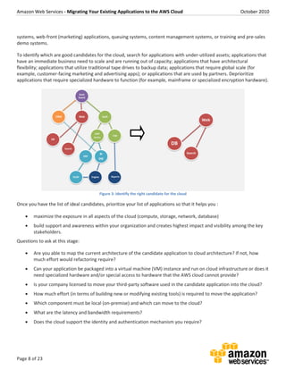 Amazon Web Services - Migrating Your Existing Applications to the AWS Cloud October 2010
Page 8 of 23
systems, web-front (marketing) applications, queuing systems, content management systems, or training and pre-sales
demo systems.
To identify which are good candidates for the cloud, search for applications with under-utilized assets; applications that
have an immediate business need to scale and are running out of capacity; applications that have architectural
flexibility; applications that utilize traditional tape drives to backup data; applications that require global scale (for
example, customer-facing marketing and advertising apps); or applications that are used by partners. Deprioritize
applications that require specialized hardware to function (for example, mainframe or specialized encryption hardware).
Figure 3: Identify the right candidate for the cloud
Once you have the list of ideal candidates, prioritize your list of applications so that it helps you :
 maximize the exposure in all aspects of the cloud (compute, storage, network, database)
 build support and awareness within your organization and creates highest impact and visibility among the key
stakeholders.
Questions to ask at this stage:
 Are you able to map the current architecture of the candidate application to cloud architecture? If not, how
much effort would refactoring require?
 Can your application be packaged into a virtual machine (VM) instance and run on cloud infrastructure or does it
need specialized hardware and/or special access to hardware that the AWS cloud cannot provide?
 Is your company licensed to move your third-party software used in the candidate application into the cloud?
 How much effort (in terms of building new or modifying existing tools) is required to move the application?
 Which component must be local (on-premise) and which can move to the cloud?
 What are the latency and bandwidth requirements?
 Does the cloud support the identity and authentication mechanism you require?
 