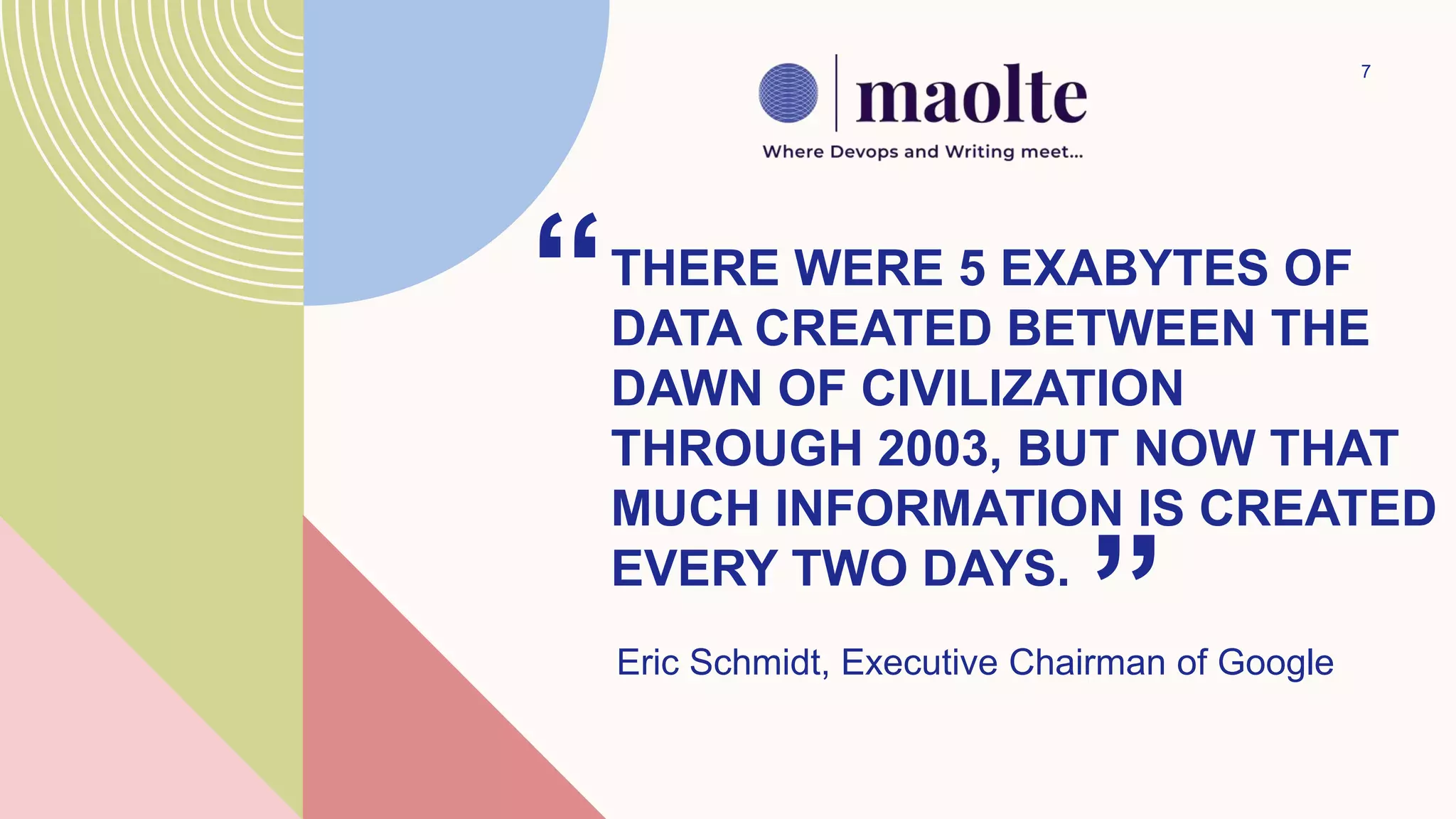 THERE WERE 5 EXABYTES OF
DATA CREATED BETWEEN THE
DAWN OF CIVILIZATION
THROUGH 2003, BUT NOW THAT
MUCH INFORMATION IS CREATED
EVERY TWO DAYS.
“
Eric Schmidt, Executive Chairman of Google
”
7
 
