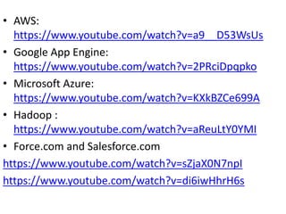 • AWS:
https://www.youtube.com/watch?v=a9__D53WsUs
• Google App Engine:
https://www.youtube.com/watch?v=2PRciDpqpko
• Microsoft Azure:
https://www.youtube.com/watch?v=KXkBZCe699A
• Hadoop :
https://www.youtube.com/watch?v=aReuLtY0YMI
• Force.com and Salesforce.com
https://www.youtube.com/watch?v=sZjaX0N7npI
https://www.youtube.com/watch?v=di6iwHhrH6s
 