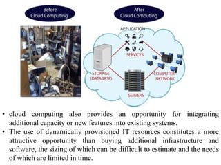 • cloud computing also provides an opportunity for integrating
additional capacity or new features into existing systems.
• The use of dynamically provisioned IT resources constitutes a more
attractive opportunity than buying additional infrastructure and
software, the sizing of which can be difficult to estimate and the needs
of which are limited in time.
 