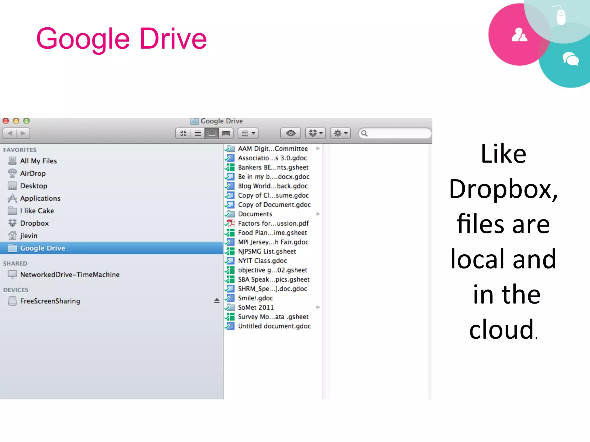 Google Drive


                      Like	
  
               Dropbox,	
  
                ﬁles	
  are	
  
               local	
  and	
  
                 	
  in	
  the	
  
                   cloud.	
  
 