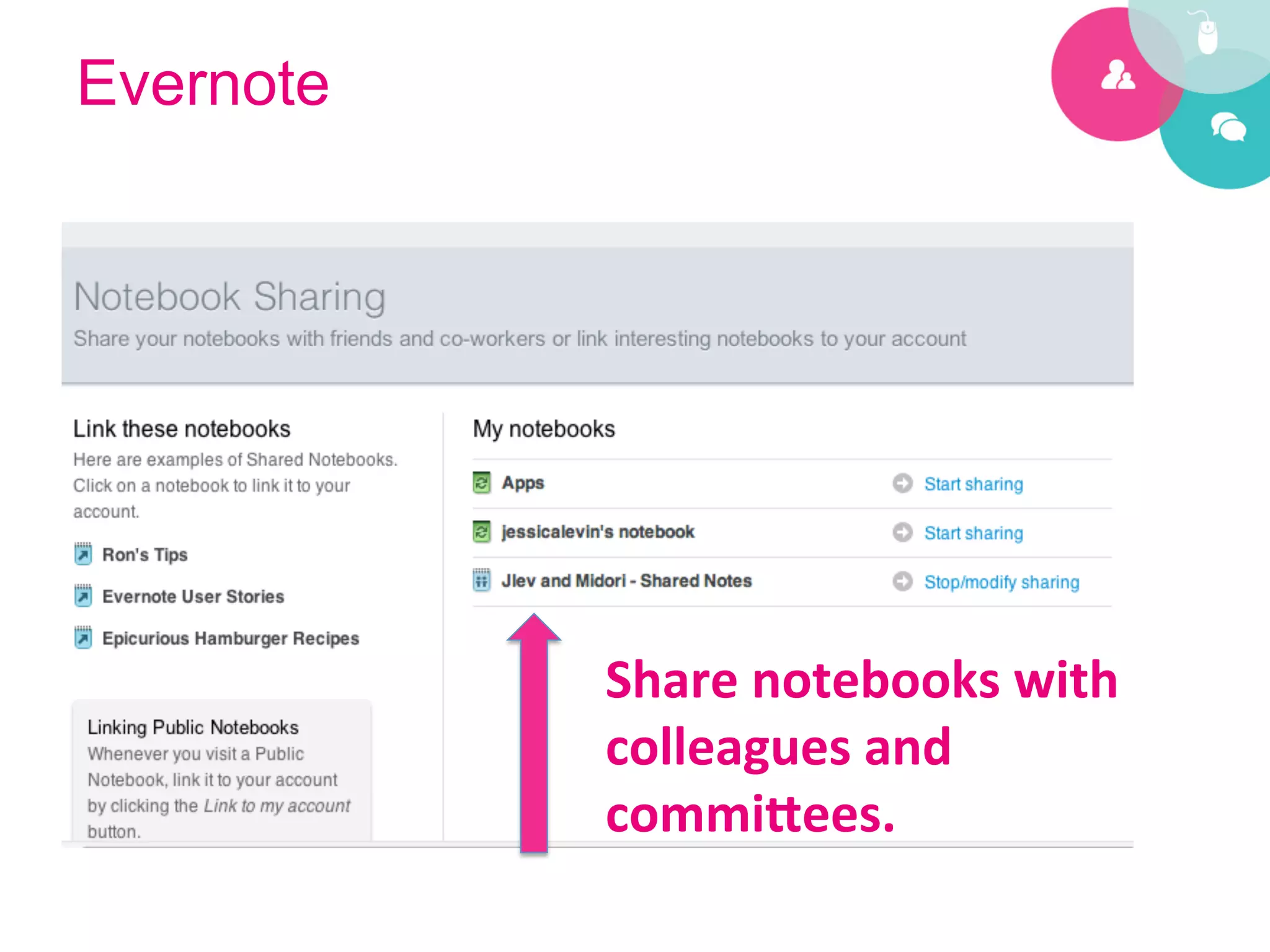 Evernote




           Share	
  notebooks	
  with	
  
           colleagues	
  and	
  
           commi@ees.	
  
 
