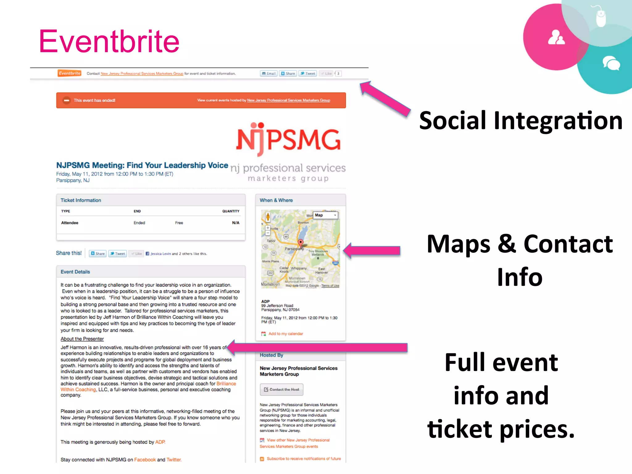 Eventbrite

             Social	
  Integra/on	
  



             Maps	
  &	
  Contact	
  
                     Info	
  


              Full	
  event	
  
               info	
  and	
  
             /cket	
  prices.	
  
 