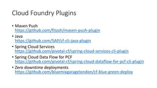 Cloud Foundry Plugins
• Maven Push
https://github.com/fitzoh/maven-push-plugin
• Java
https://github.com/SAP/cf-cli-java-plugin
• Spring Cloud Services
https://github.com/pivotal-cf/spring-cloud-services-cli-plugin
• Spring Cloud Data Flow for PCF
https://github.com/pivotal-cf/spring-cloud-dataflow-for-pcf-cli-plugin
• Zero downtime deployments
https://github.com/bluemixgaragelondon/cf-blue-green-deploy
 