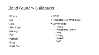 Cloud Foundry Buildpacks
• Binary
• Go
• Java
• .Net Core
• Node.js
• PHP
• Python
• Ruby
• Staticfile
• NGIX
• HWC (Hosted Web Core)
• Community
• TomEE
• WebSphere Liberty
• Jetty
• Erlang
• Haskell
• Swift
 