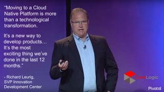 - Richard Leurig,
SVP Innovation
Development Center
“Moving to a Cloud
Native Platform is more
than a technological
transformation.
It’s a new way to
develop products…
It’s the most
exciting thing we’ve
done in the last 12
months.”
 