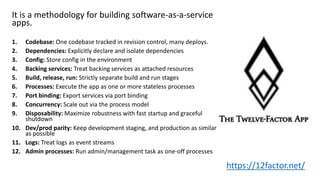 It is a methodology for building software-as-a-service
apps.
1. Codebase: One codebase tracked in revision control, many deploys.
2. Dependencies: Explicitly declare and isolate dependencies
3. Config: Store config in the environment
4. Backing services: Treat backing services as attached resources
5. Build, release, run: Strictly separate build and run stages
6. Processes: Execute the app as one or more stateless processes
7. Port binding: Export services via port binding
8. Concurrency: Scale out via the process model
9. Disposability: Maximize robustness with fast startup and graceful
shutdown
10. Dev/prod parity: Keep development staging, and production as similar
as possible
11. Logs: Treat logs as event streams
12. Admin processes: Run admin/management task as one-off processes
https://12factor.net/
 