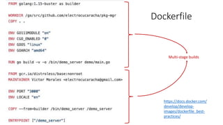 Dockerfile
Multi-stage builds
https://docs.docker.com/
develop/develop-
images/dockerfile_best-
practices/
 