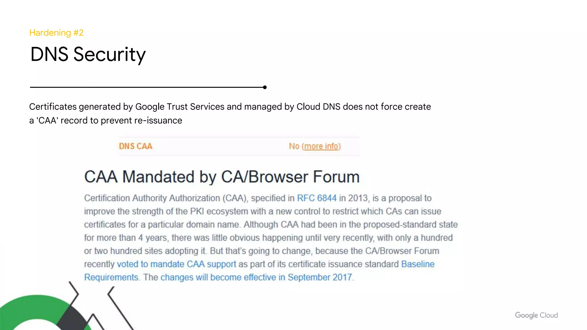 Hardening #2
DNS Security
Certificates generated by Google Trust Services and managed by Cloud DNS does not force create
a 'CAA' record to prevent re-issuance
 