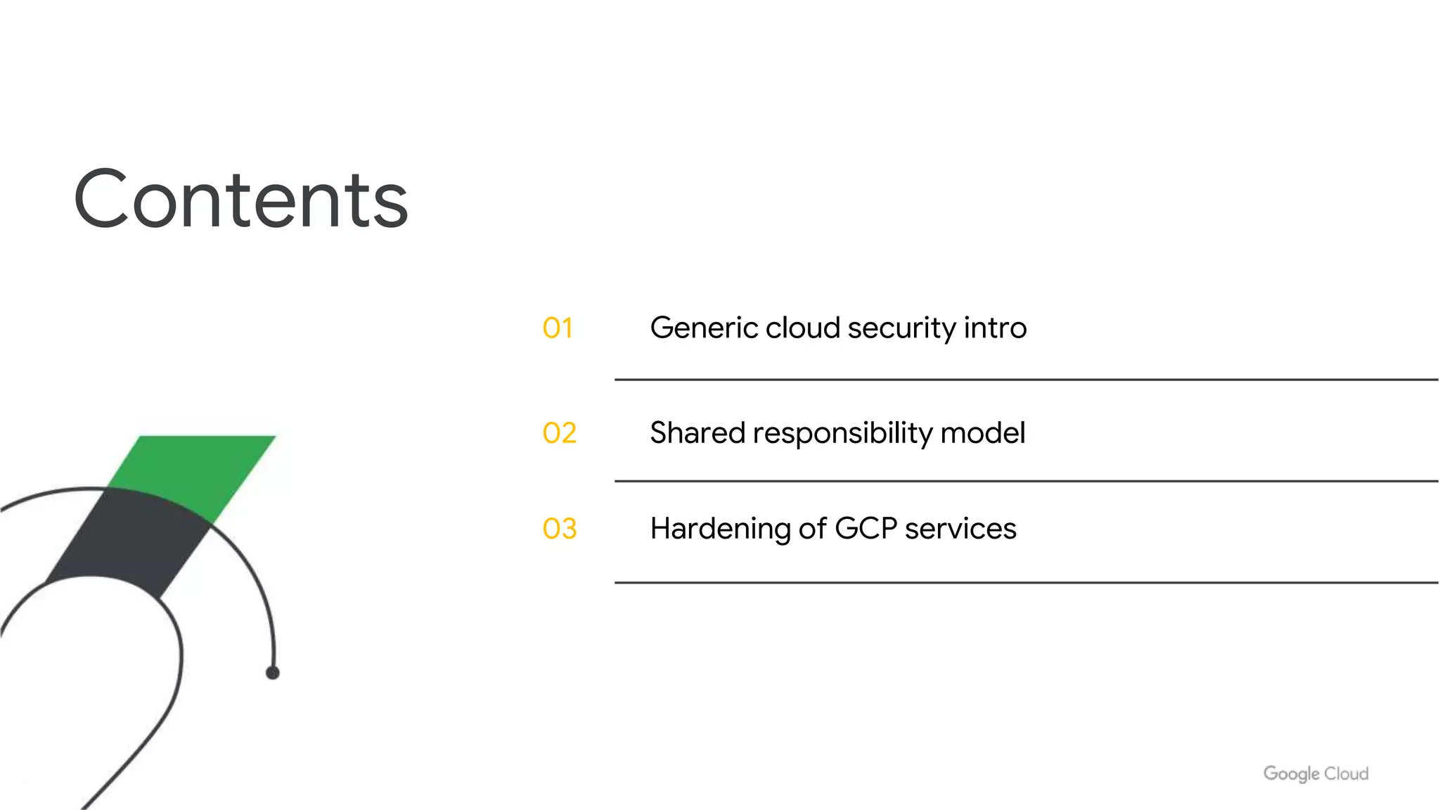 01 Generic cloud security intro
02 Shared responsibility model
Contents
03 Hardening of GCP services
 