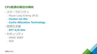 CPU拡張の最近の傾向
&bull; スケーラビリティ
&ndash; Pause Loop Exiting (PLE)
&ndash; Cluster-on-Die
&ndash; Cache Allocation Technology
&bull; 仮想化支援
&ndash; EPT A/D bits
&bull; セキュリティ
&ndash; SMAP, SMEP
&ndash; SGX
4
 