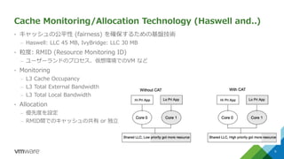 Cache Monitoring/Allocation Technology (Haswell and..)
&bull; キャッシュの公平性 (fairness) を確保するための基盤技術
&ndash; Haswell: LLC 45 MB, IvyBridge: LLC 30 MB
&bull; 粒度: RMID (Resource Monitoring ID)
&ndash; ユーザーランドのプロセス、仮想環境でのVM など
&bull; Monitoring
&ndash; L3 Cache Occupancy
&ndash; L3 Total External Bandwidth
&ndash; L3 Total Local Bandwidth
&bull; Allocation
&ndash; 優先度を設定
&ndash; RMID間でのキャッシュの共有 or 独立
6
 