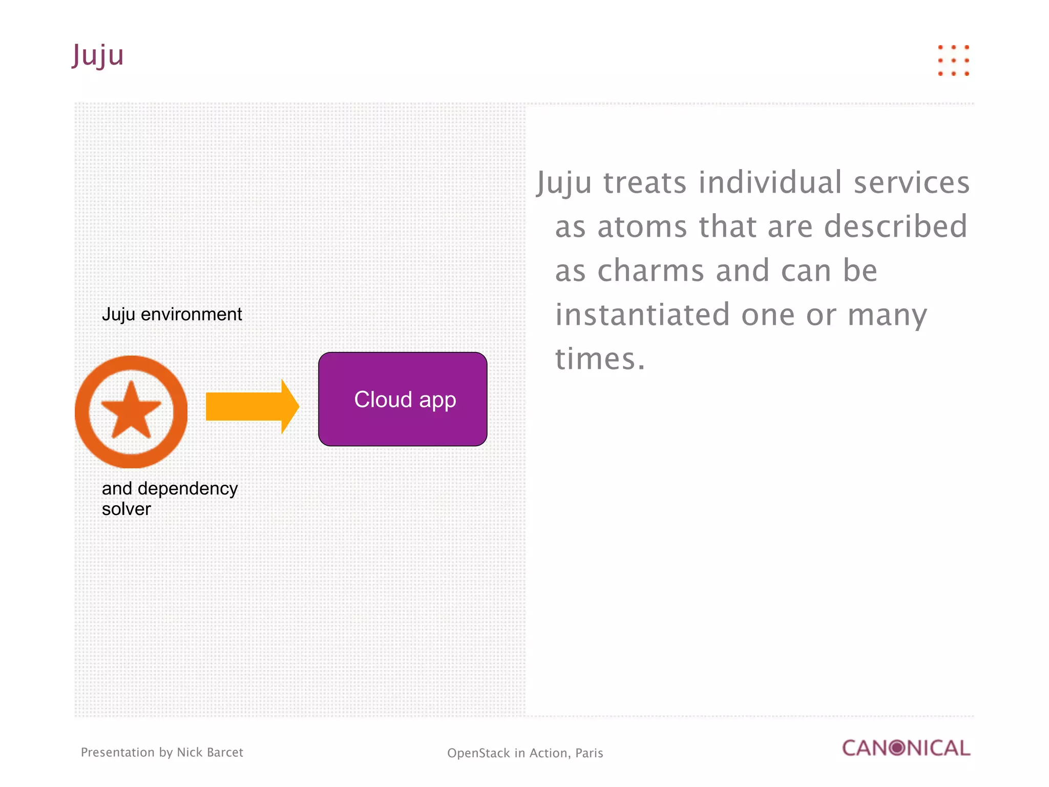 Juju



                                                    Juju treats individual services
                                                     as atoms that are described
                                                     as charms and can be
   Juju environment                                  instantiated one or many
                                                     times.
                              Cloud app


   and dependency
   solver




Presentation by Nick Barcet           OpenStack in Action, Paris
 