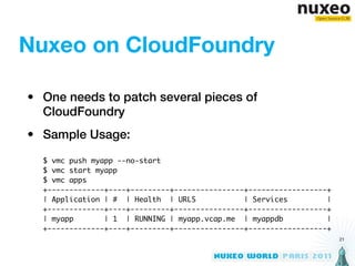 Nuxeo on CloudFoundry

• One needs to patch several pieces of
  CloudFoundry
• Sample Usage:
  $ vmc push myapp --no-start
  $ vmc start myapp
  $ vmc apps
  +-------------+----+---------+----------------+------------------+
  | Application | # | Health | URLS             | Services         |
  +-------------+----+---------+----------------+------------------+
  | myapp       | 1 | RUNNING | myapp.vcap.me | myappdb            |
  +-------------+----+---------+----------------+------------------+
                                                                       21
 