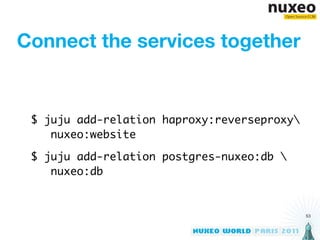 Connect the services together


 $ juju add-relation haproxy:reverseproxy
    nuxeo:website

 $ juju add-relation postgres-nuxeo:db 
    nuxeo:db


                                             53
 