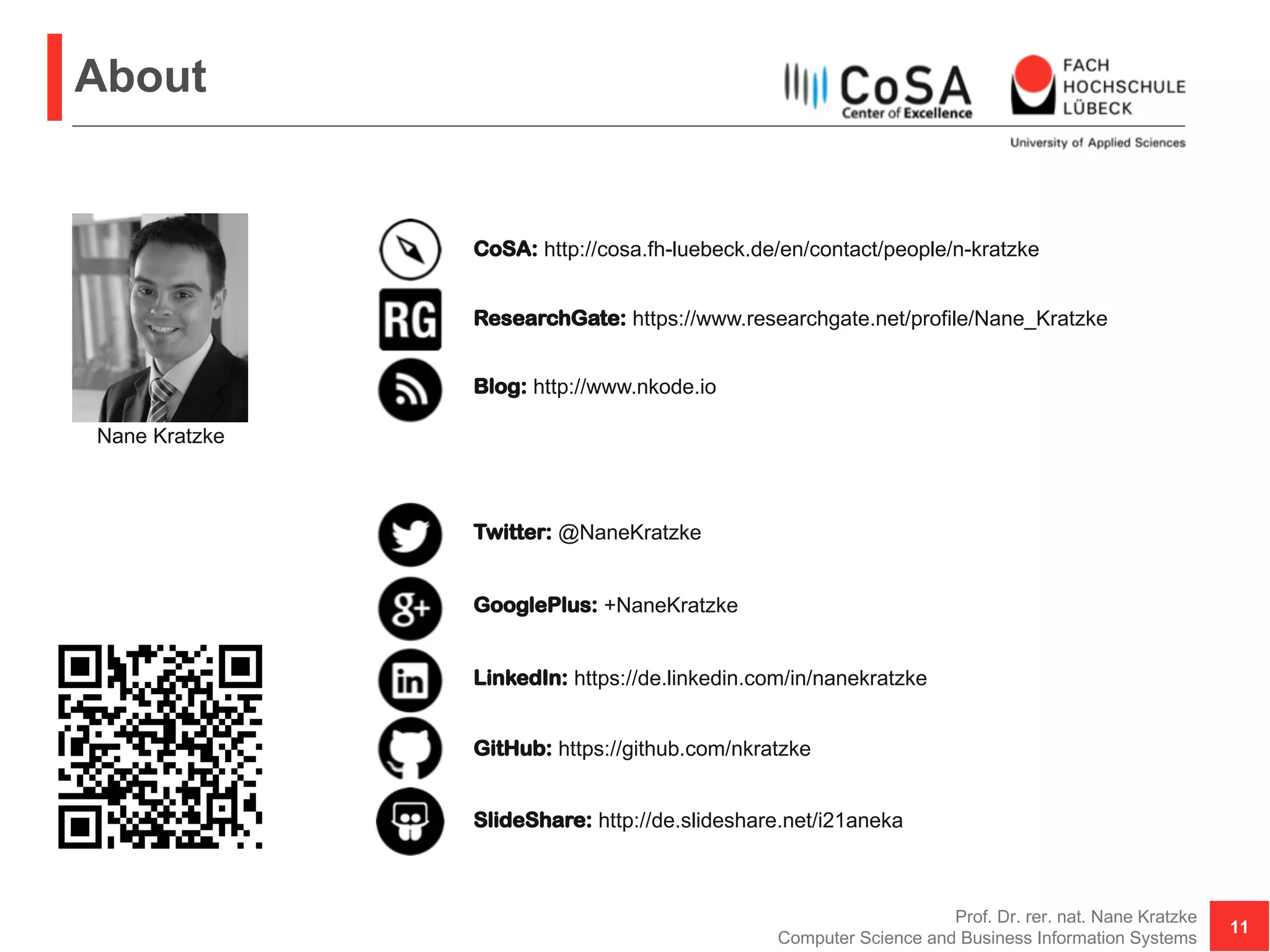 About
Prof. Dr. rer. nat. Nane Kratzke
Computer Science and Business Information Systems
11
Nane Kratzke
CoSA: http://cosa.fh-luebeck.de/en/contact/people/n-kratzke
Blog: http://www.nkode.io
Twitter: @NaneKratzke
GooglePlus: +NaneKratzke
LinkedIn: https://de.linkedin.com/in/nanekratzke
GitHub: https://github.com/nkratzke
ResearchGate: https://www.researchgate.net/profile/Nane_Kratzke
SlideShare: http://de.slideshare.net/i21aneka
 