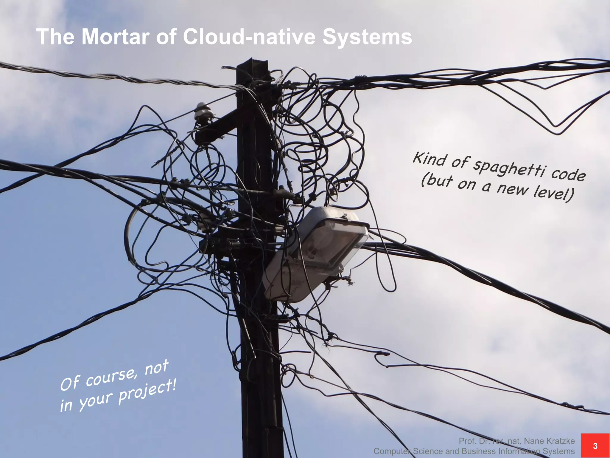 The Mortar of Cloud-native Systems
Prof. Dr. rer. nat. Nane Kratzke
Computer Science and Business Information Systems
3
Of course, not
in your project!
Kind of spaghetti code(but on a new level)
 