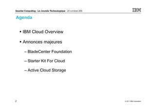 Agenda


    IBM Cloud Overview

    Annonces majeures

    – BladeCenter Foundation

    – Starter Kit For Cloud

    – Active Cloud Storage




2                              © 2011 IBM Corporation
 