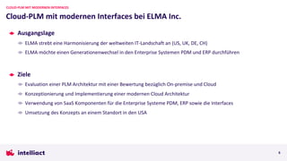 Ausgangslage
ELMA strebt eine Harmonisierung der weltweiten IT-Landschaft an (US, UK, DE, CH)
ELMA möchte einen Generationenwechsel in den Enterprise Systemen PDM und ERP durchführen
Ziele
Evaluation einer PLM Architektur mit einer Bewertung bezüglich On-premise und Cloud
Konzeptionierung und Implementierung einer modernen Cloud Architektur
Verwendung von SaaS Komponenten für die Enterprise Systeme PDM, ERP sowie die Interfaces
Umsetzung des Konzepts an einem Standort in den USA
Cloud-PLM mit modernen Interfaces bei ELMA Inc.
CLOUD-PLM MIT MODERNEN INTERFACES
6
 