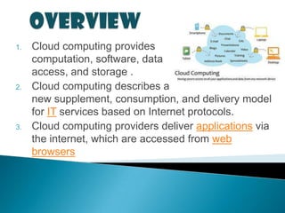 1.   Cloud computing provides
     computation, software, data
     access, and storage .
2.   Cloud computing describes a
     new supplement, consumption, and delivery model
     for IT services based on Internet protocols.
3.   Cloud computing providers deliver applications via
     the internet, which are accessed from web
     browsers
 