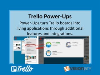 Trello Power-Ups
Power-Ups turn Trello boards into
living applications through additional
features and integrations.
 