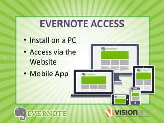 EVERNOTE ACCESS
• Install on a PC
• Access via the
Website
• Mobile App
 