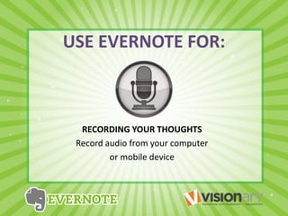 USE EVERNOTE FOR:
RECORDING YOUR THOUGHTS
Record audio from your computer
or mobile device
 