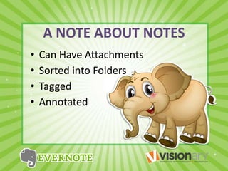 A NOTE ABOUT NOTES
• Can Have Attachments
• Sorted into Folders
• Annotated
• Tagged
 