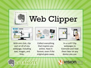 With one click, clip
part or all of any
webpage, including
text, images, and
links.
Collect everything
that inspires you
online. Have it
forever, even if the
original goes away.
In a rush? Clip
webpages to
Evernote and read
them later on any
device you use.
 