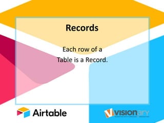 Records
Each row of a
Table is a Record.
 