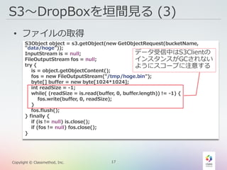 17Copylight © Classmethod, Inc.
S3〜DropBoxを垣間見る (3)
• ファイルの取得
S3Object object = s3.getObject(new GetObjectRequest(bucketName,
"data/hoge"));
InputStream is = null;
FileOutputStream fos = null;
try {
is = object.getObjectContent();
fos = new FileOutputStream("/tmp/hoge.bin");
byte[] buffer = new byte[1024*1024];
int readSize = -1;
while( (readSize = is.read(buffer, 0, buffer.length)) != -1) {
fos.write(buffer, 0, readSize);
}
fos.flush();
} finally {
if (is != null) is.close();
if (fos != null) fos.close();
}
データ受信中はS3Clientの
インスタンスがGCされない
ようにスコープに注意する
 