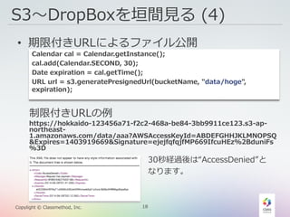 18Copylight © Classmethod, Inc.
S3〜DropBoxを垣間見る (4)
• 期限付きURLによるファイル公開
Calendar cal = Calendar.getInstance();
cal.add(Calendar.SECOND, 30);
Date expiration = cal.getTime();
URL url = s3.generatePresignedUrl(bucketName, "data/hoge",
expiration);
制限付きURLの例
https://hokkaido-123456a71-f2c2-468a-be84-3bb9911ce123.s3-ap-
northeast-
1.amazonaws.com/data/aaa?AWSAccessKeyId=ABDEFGHHJKLMNOPSQ
&Expires=1403919669&Signature=ejejfqfqjfMP669IfcuHEz%2BduniFs
%3D
30秒経過後は“AccessDenied”と
なります。
 