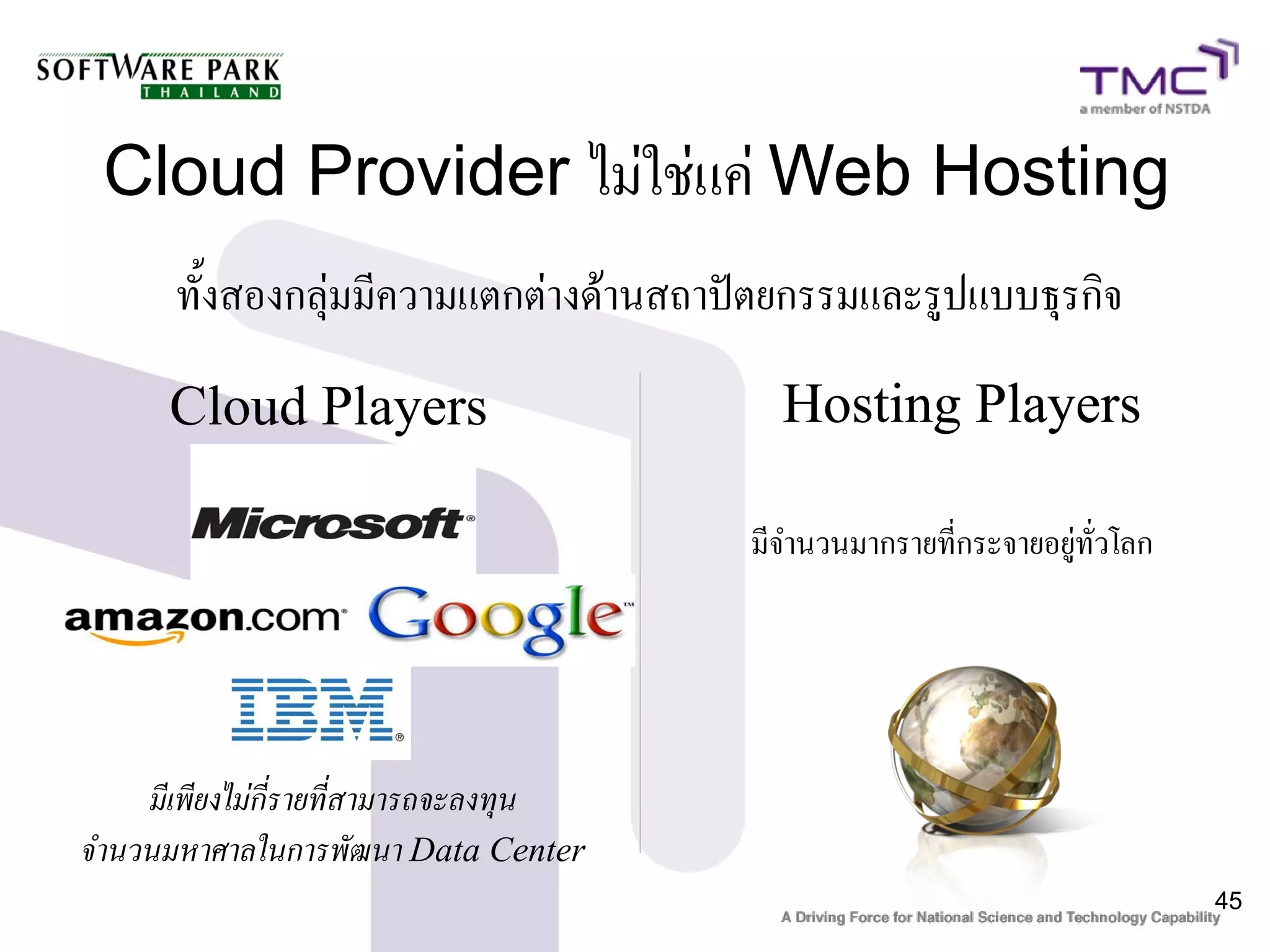 Cloud Provider ไม่ใช่แค่ Web Hosting
      ทั้งสองกลุ่มมีความแตกต่างด้านสถาปัตยกรรมและรูปแบบธุรกิจ

      Cloud Players                      Hosting Players

                                       มีจำนวนมากรายที่กระจายอยู่ทั่วโลก




    มีเพียงไม่กี่รายที่สามารถจะลงทุน
จำนวนมหาศาลในการพัฒนา Data Center
                                                                           45
 