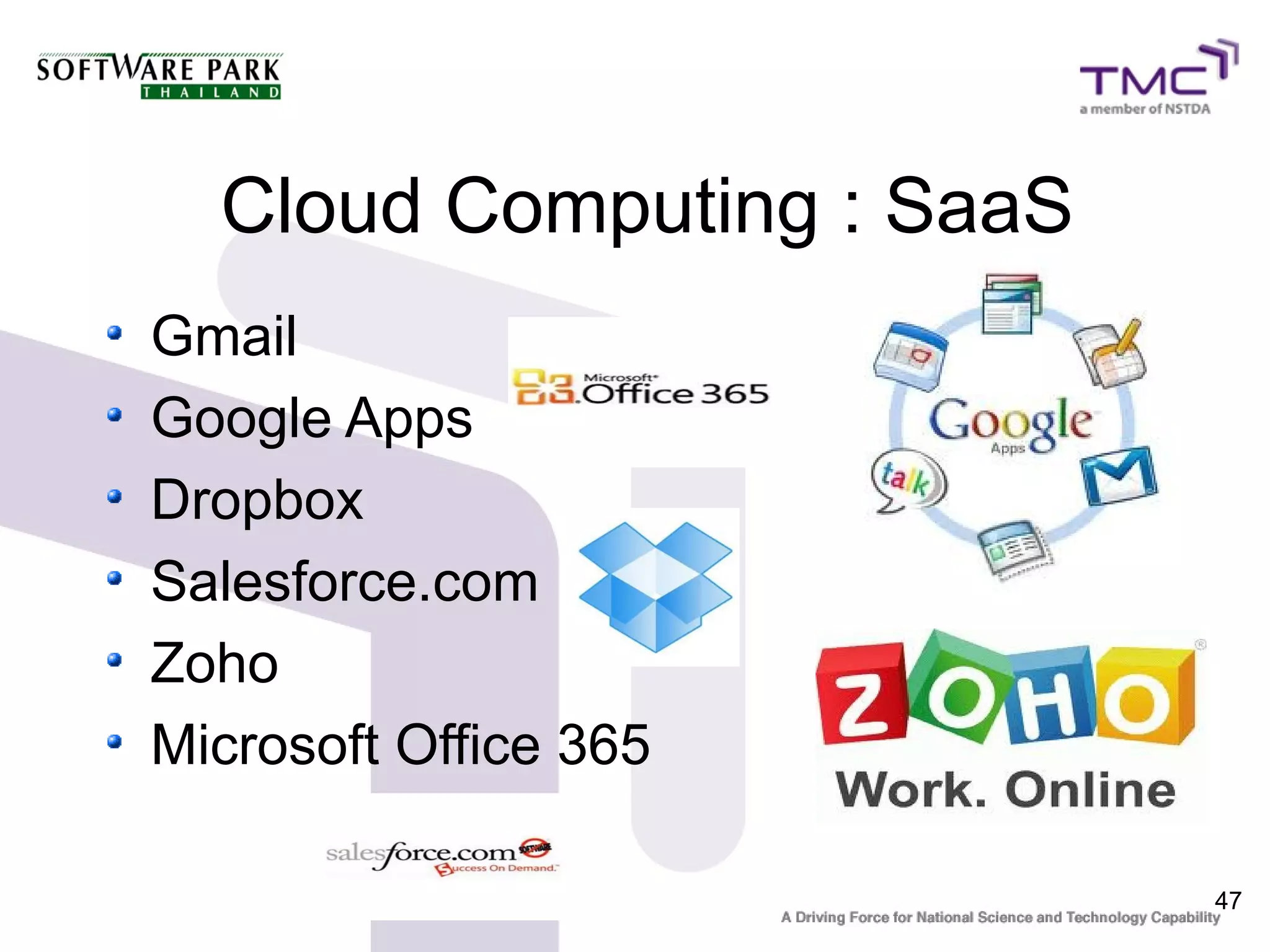 Cloud Computing : SaaS
Gmail
Google Apps
Dropbox
Salesforce.com
Zoho
Microsoft Office 365

                           47
 