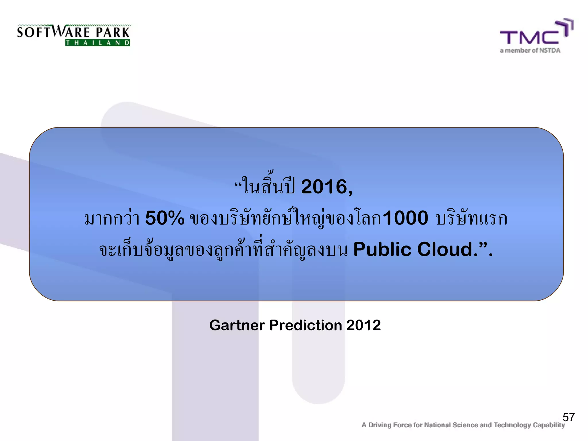 “ในสิ้นปี 2016,
มากกว่า 50% ของบริษัทยักษ์ใหญ่ของโลก1000 บริษัทแรก
 จะเก็บจ้อมูลของลูกค้าที่สำคัญลงบน Public Cloud.”.

              Gartner Prediction 2012




                                                     57
 