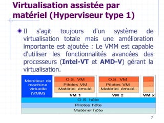 7
Virtualisation assistée par
matériel (Hyperviseur type 1)
Il s'agit toujours d'un système de
virtualisation totale mais une amélioration
importante est ajoutée : Le VMM est capable
d'utiliser les fonctionnalités avancées des
processeurs (Intel-VT et AMD-V) gérant la
virtualisation.
 